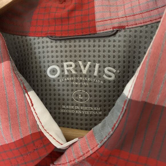 Orvis Shirt Mens Large Button Up Fishing Red Buffalo Plaid Short Sleeve Pockets - Picture 3 of 4